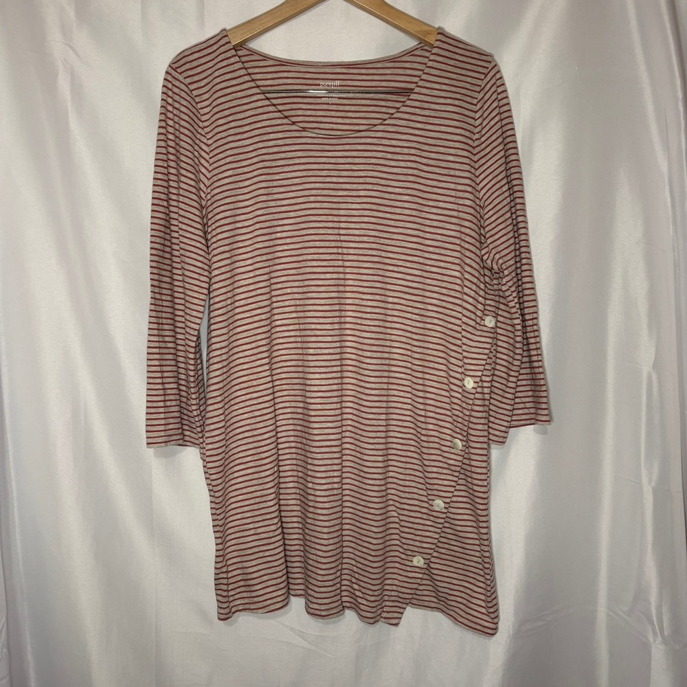Pure Jill Asymmetric‎ Button Tunic Top Striped Red Beige 3/4 Sleeve Cotton Modal